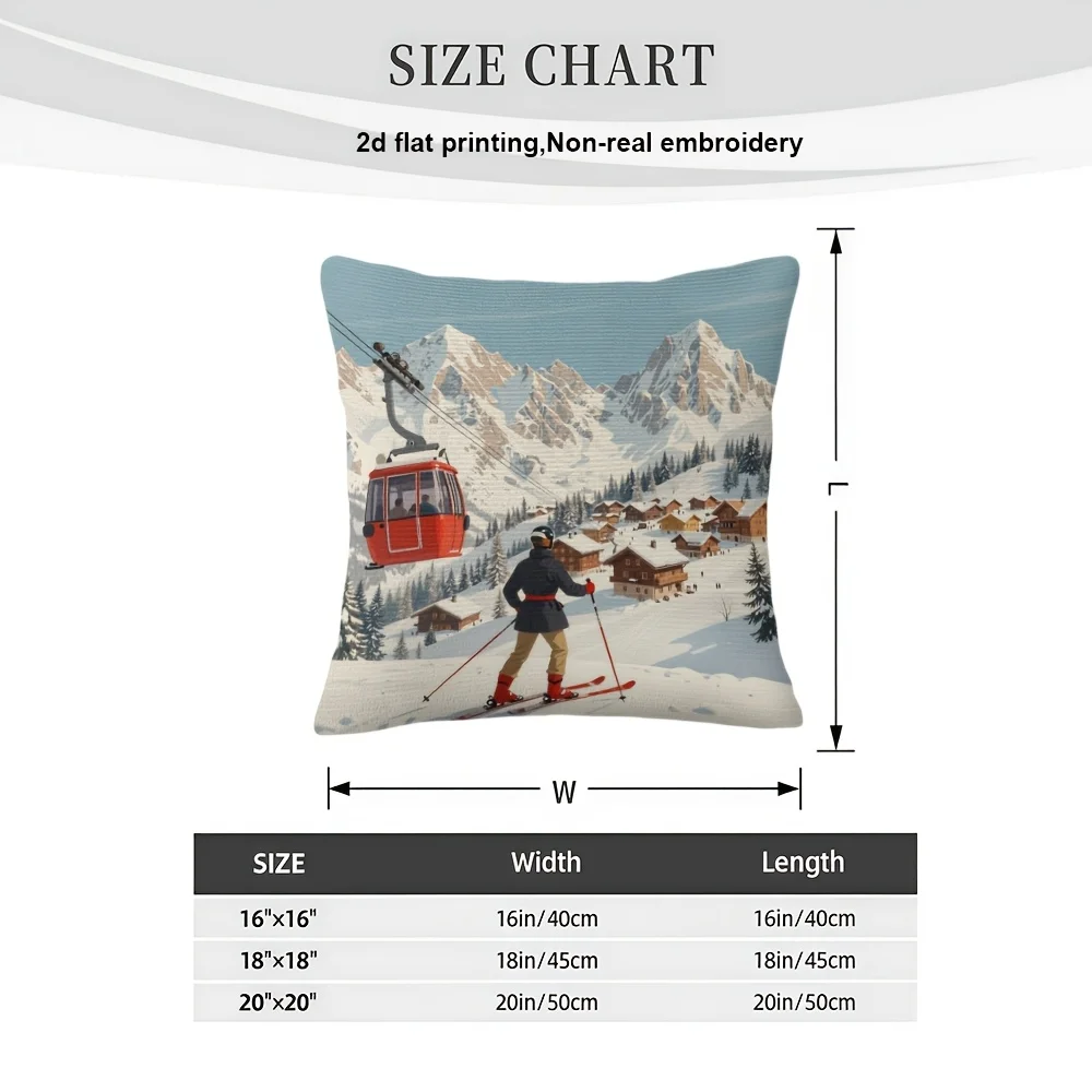 2D Flat Printing, 1pc, Christmas Decorative Pillowcase, Winter Mountain Ski Resort with Cable Car, Double-sided Printing, Polyester, Decorative Pillow Cover Living Room Home Bedroom Pillowcase, Pillowcase, 2D Flat