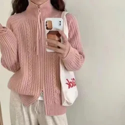 Retro Gentle Wind Autumn And Winter New Double-headed Zipper Knitted Cardigan Twist Fashion Loose Coat Sweater Women