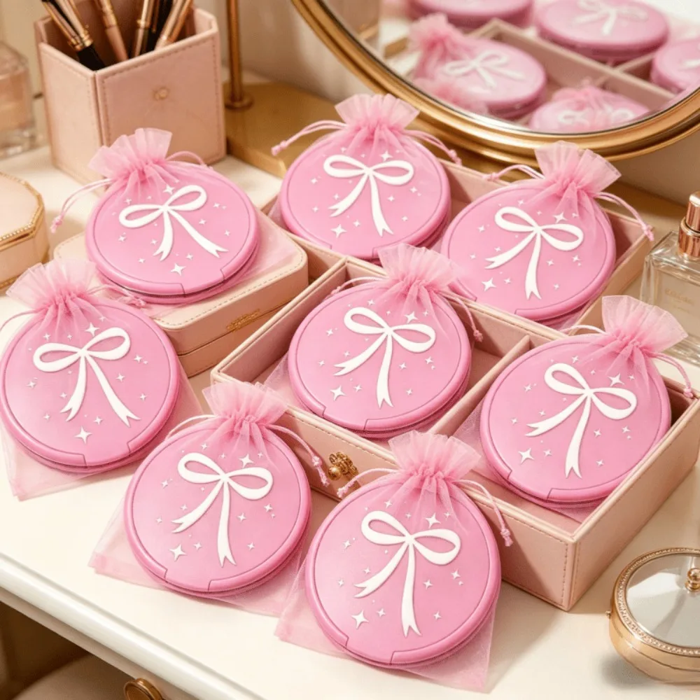 20/10/6 Sets de Espejos Redondos Plegables Mini con Lazo Rosa, Estilo Coreano, con Bolsa, para Regalo de Fiesta, Boda, Recuerdos para Invitados