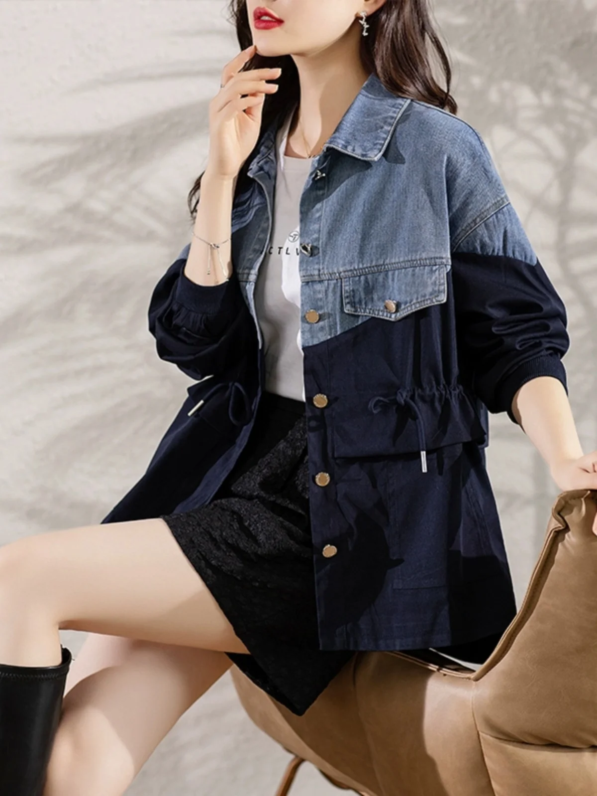 Vintage Washed Contrasting Denim Patchwork Jacket Women Splicing Style Drawstring Coat Loose Casual Waist Tied Long Sleeved Top