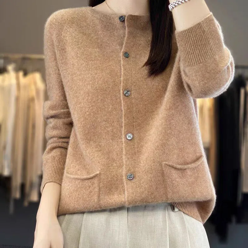 Women Clothing Solid Pocket Sweaters Autumn Winter Vintage Commute Loose Knitted Cardigan Soft Wool O-neck Tops