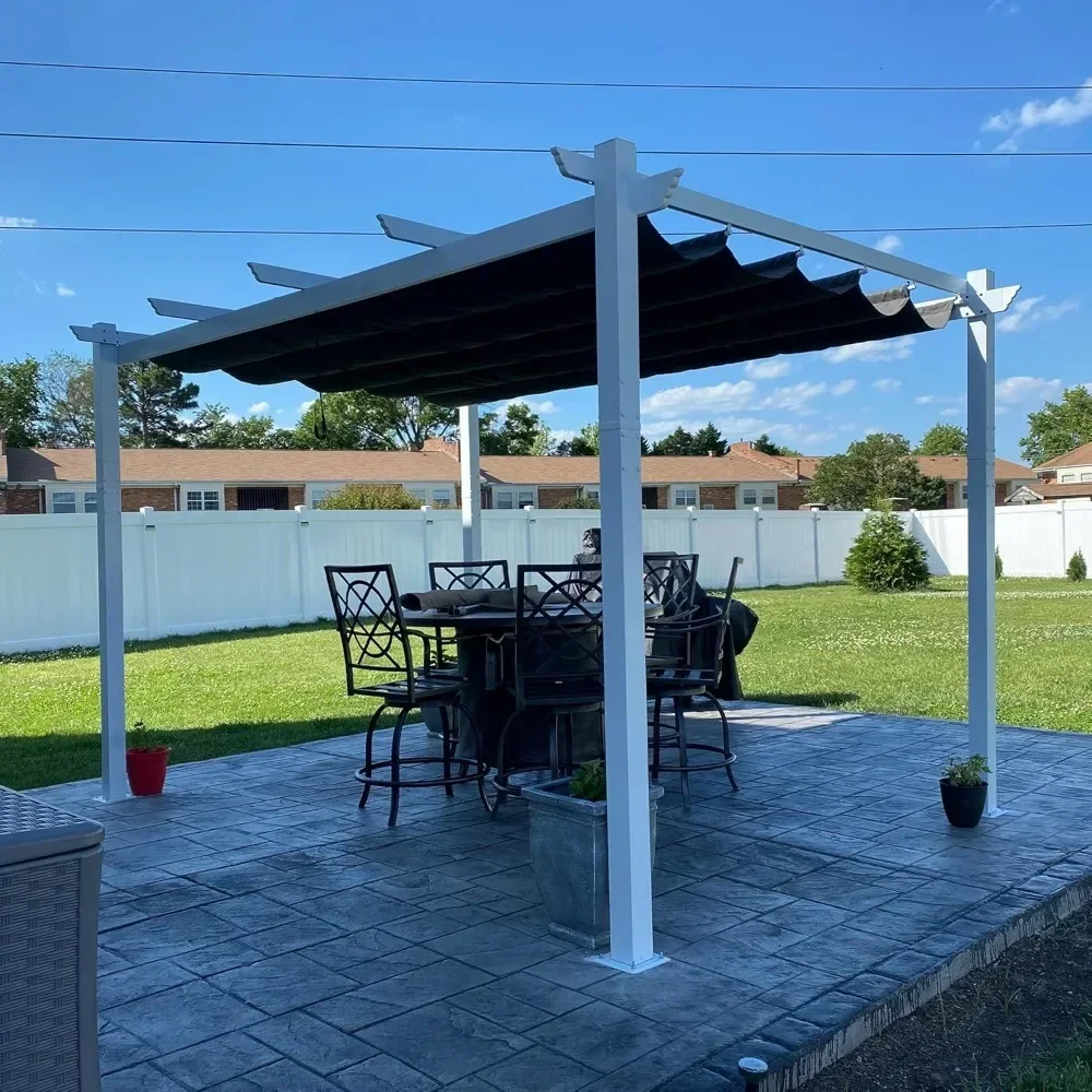 10' x 13' Outdoor Retractable Awning Heavy-Duty Aluminum White Pergola with Sun Shade Canopy Modern Shelter for Garden