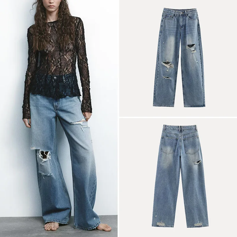 

Весна 202, женские универсальные свободные джинсы со средней талией в стиле ретро, универсальные повседневные джинсовые брюки с дырками и украшением