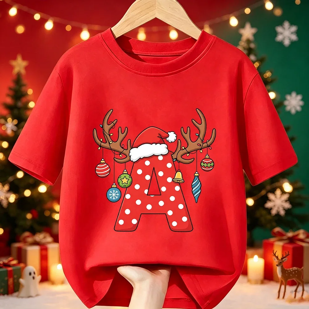 Christmas Antlers Santa Hat Xmas A‑Z Alphabet Print Kids T‑Shirt Cotton Boys Girls Short Sleeve O‑Neck Holiday Party Tee Top
