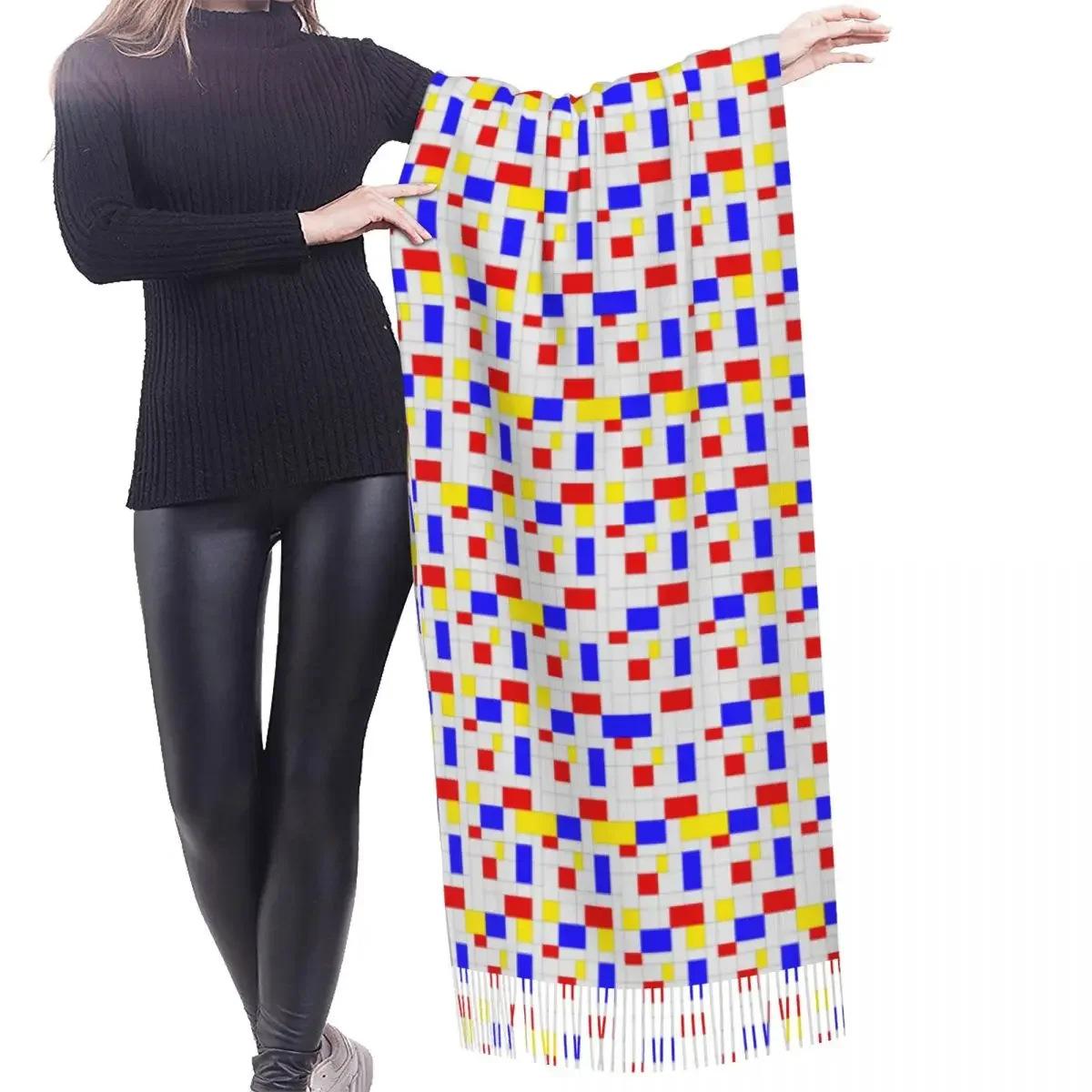 Female Long Piet Mondrian Minimalist De Stijl Modern Art Scarves Women Winter Fall Thick Warm Tassel Shawl Wrap Versatile Scarf