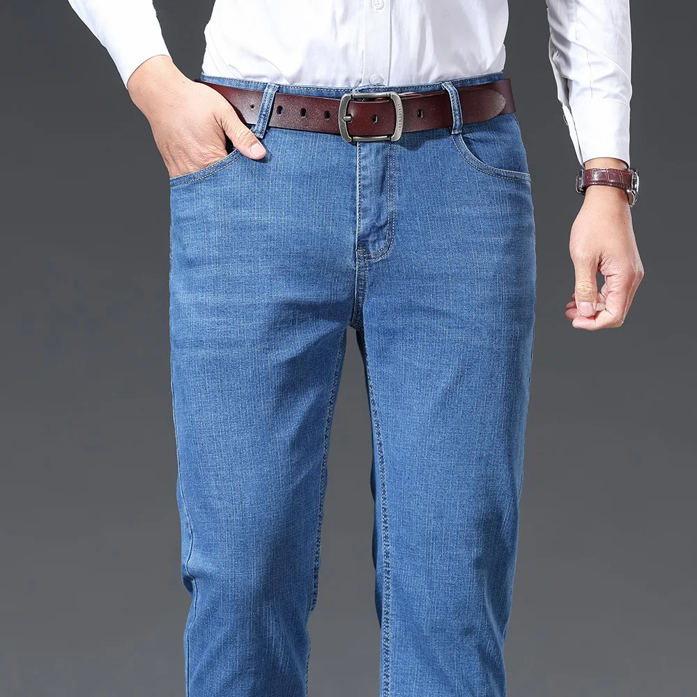 Autumn Business Casual Jeans Men Elastic Slim Fit Straight Leg Denim Pants Breathable Office Work Trousers Wear Plus Size 28-40