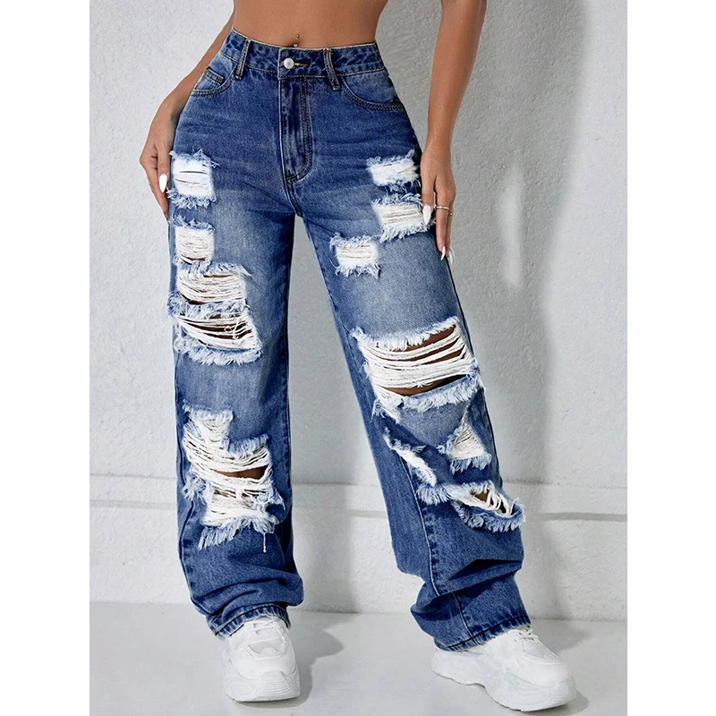 Benuynffy Vintage Ripped Hole Boyfrined Jeans for Women Streetwear Mid Waisted All Match Casual Loose Straight Leg Denim Pants