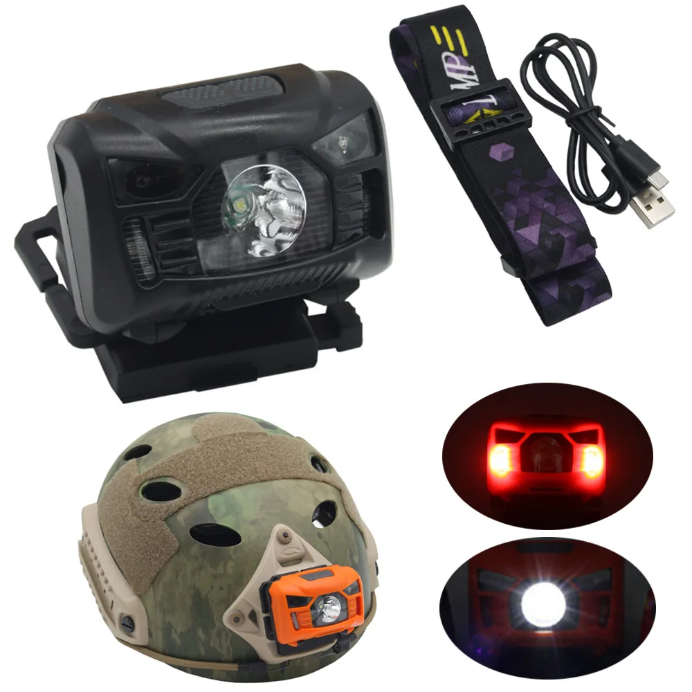 

Tactical FAST MICH Helmet Light Induction Headlamp USB Charging Waterproof Signal Lamp Hunting Fishing HeadLight