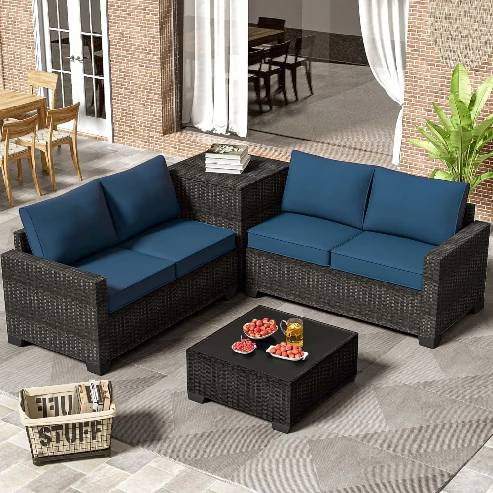 

Premium Outdoor Patio Furniture Set with Storage & Glass Table, Patio Conversation Sets with Thick Cushions, 4 Piece Rattan Couc