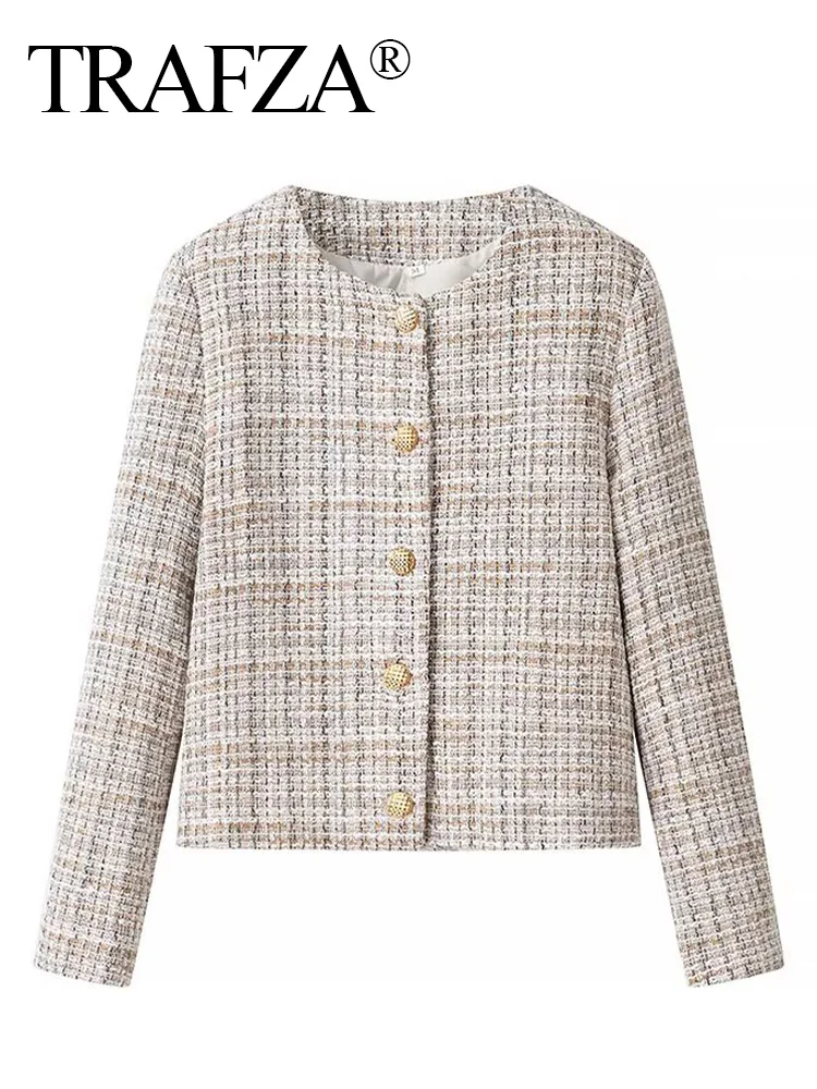 TRAFZA Autumn Women Elegant Commuter Round Collar Single Breasted Decorate Blazer Women Casual Pocket Textured Jacket Streetwear