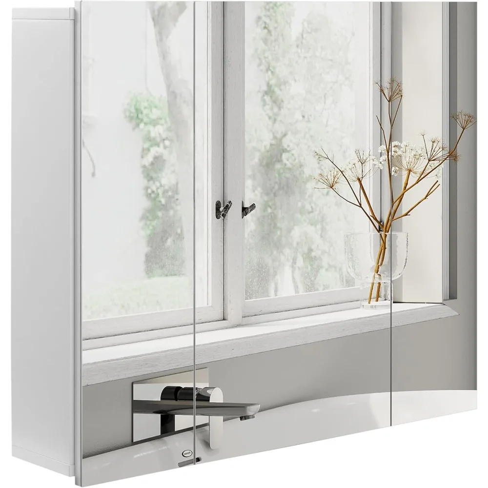 

Bathroom Medicine Cabinet with Mirror, Wall Mounted Bathroom Mirror Cabinet with 3 Doors, Adjustable Shelves, White