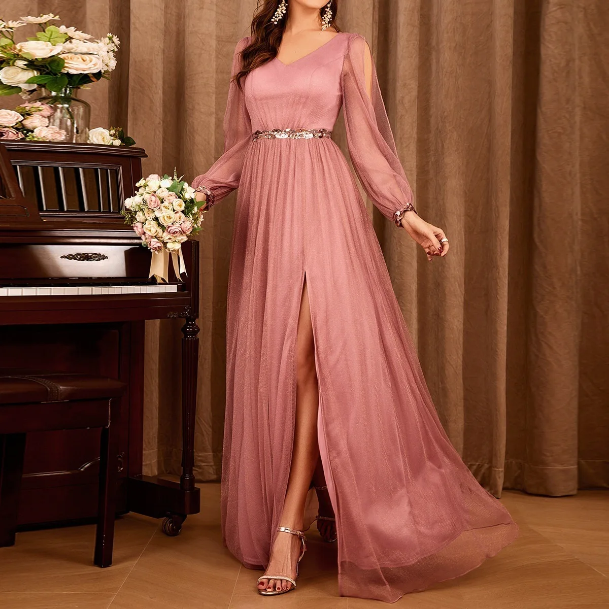 Novo vestido de malha com decote em v manga longa fenda anfitrião vestido elegante vestido de noite para as mulheres medieval 2025 vestido de verão robe feminino