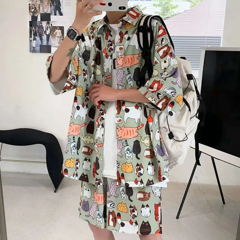 Summer Shirt Set Men 2 Pieces Shorts Sets Street Fashion Clothing Beach Wear Clothes Cartoon Cat Print Tracksuit Holiday Outfits