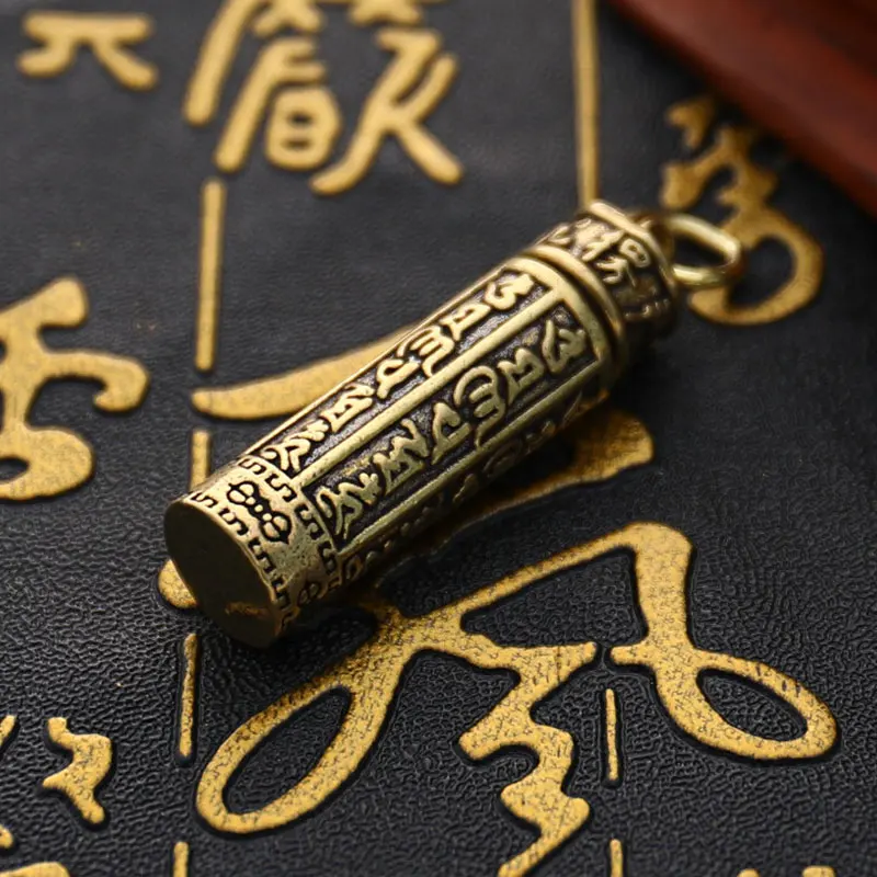 Brass Cylinder Pendant Keychain Hanging Jewelry Pill Box Medicine Container Guanyin Sutra Cylinder Shaped Pendant Bronze Jewelry