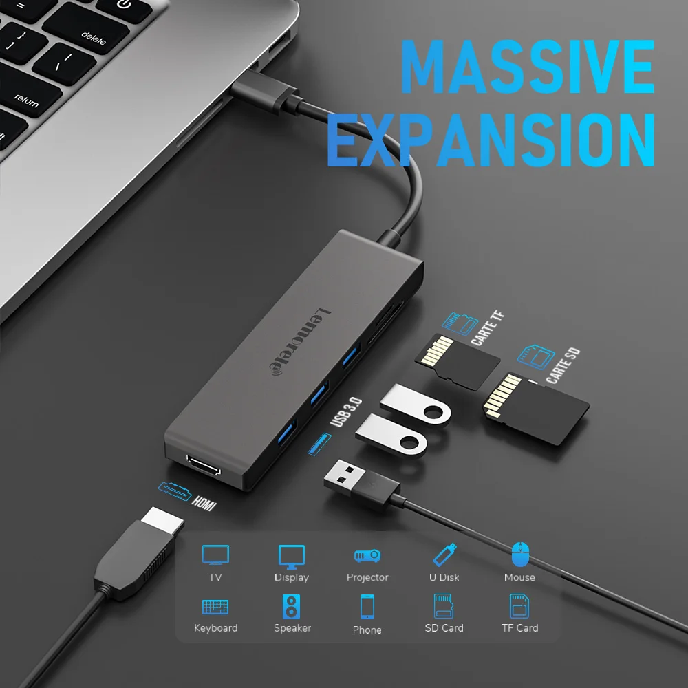 Lemorele 6-em-1 usb c hub tipo c para hdmi 4k 30hz, usb a 3.0 5gbps docking station tf sd 480 mb/s para computador portátil tablet