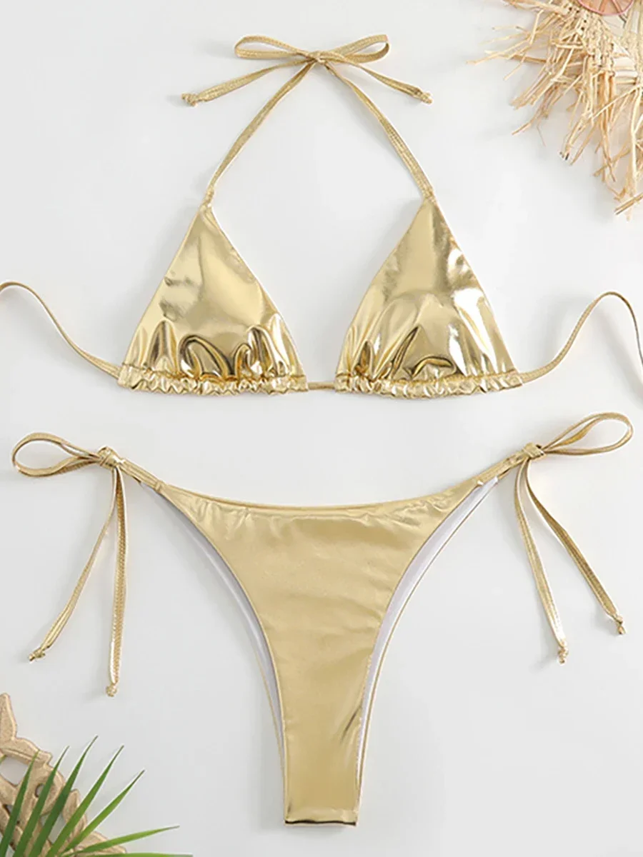 

Sexy Metallic Halter Bikinis Sets Lace Up Triangle Tie Side Bikini 2024 Swimsuit Women Swimwear Brazilian Female Bathing Suits