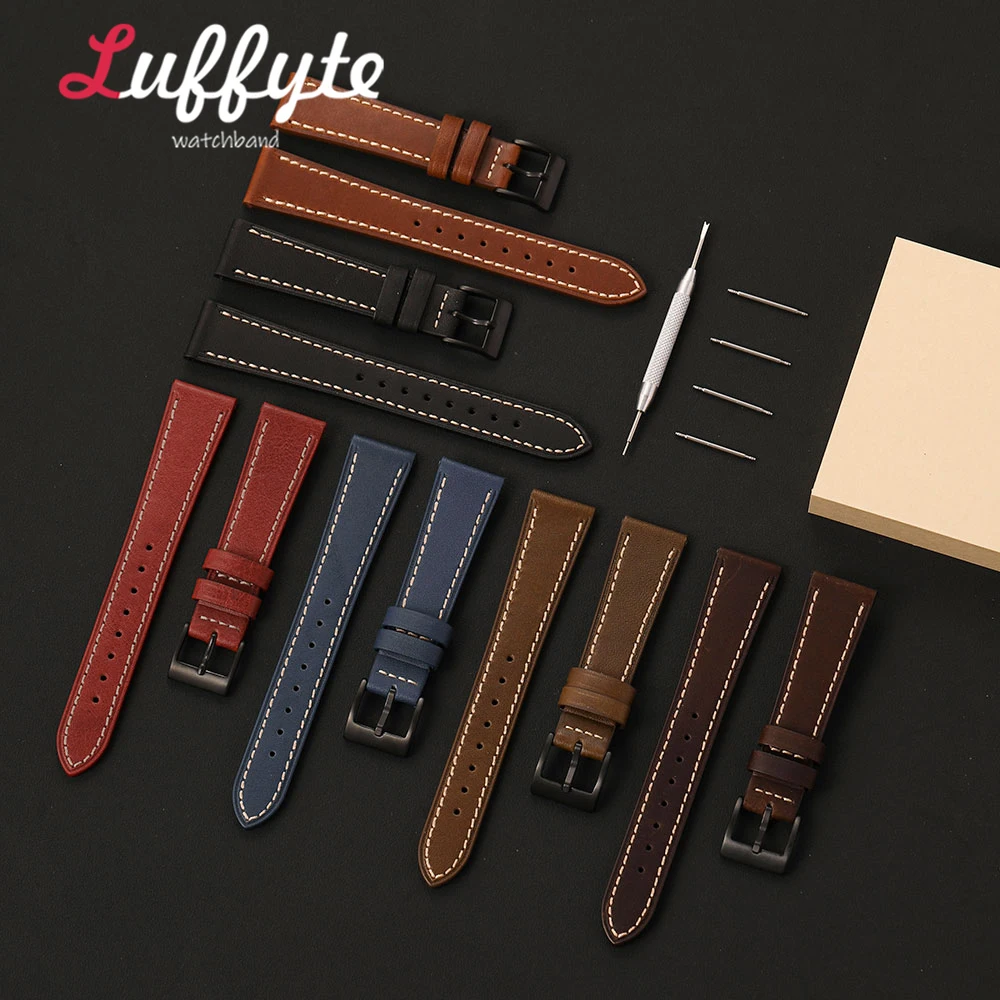 Retro Business Style Oil Wax Leather Watch Band for Men Women 18mm 20mm 22mm With Gift Packing Box Calfskin Wrist Strap