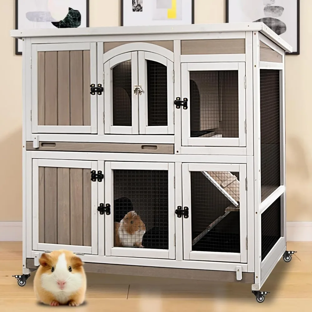 

47" L Indoor Wooden Guinea Pig Cage, 2-Story Large Hamster Cage, Outdoor Bunny Cage on Metal Wheels with 2 Deep Pull-Out Trays,