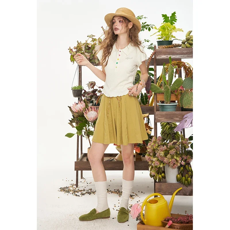 ELFSACK Sweet Ribbed Knit Polo Top, Ruffle Sleeve Cropped  Blouse, Preppy Casual Versatile Top