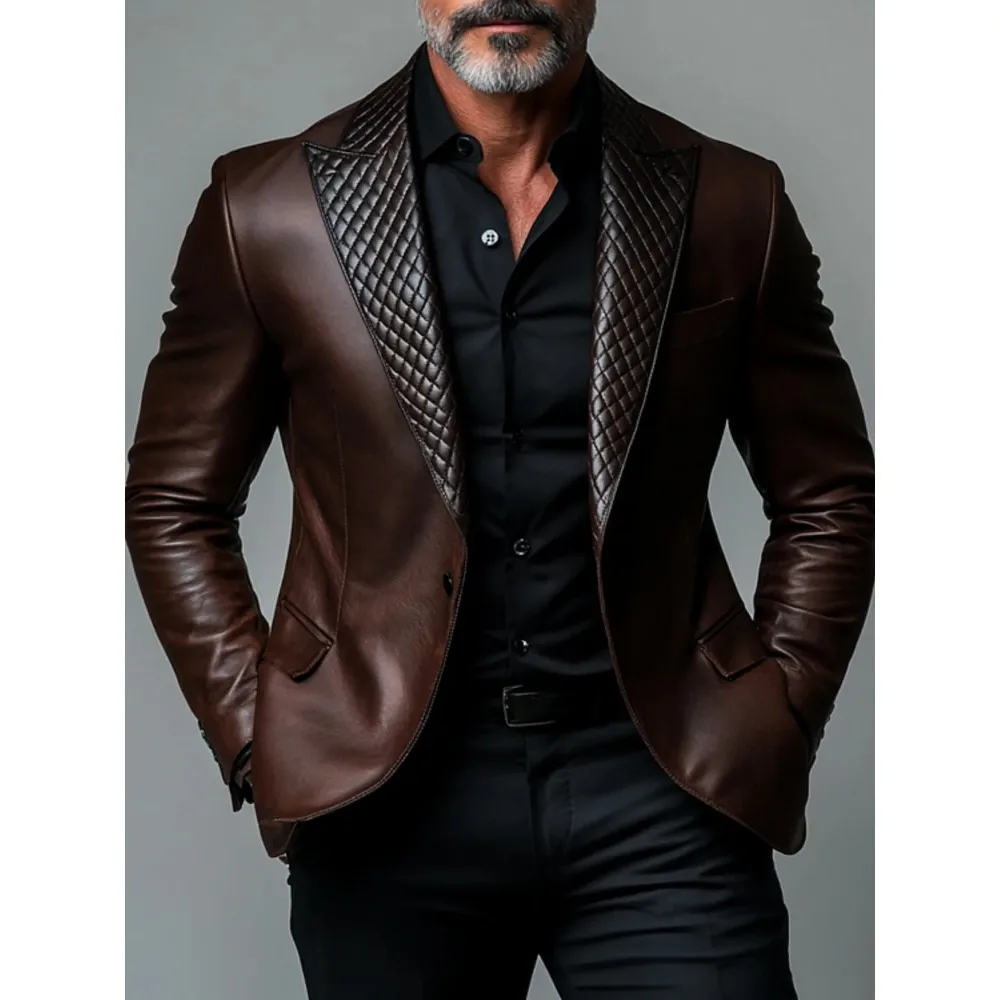 

Men's PU Leather Blazer Single Breasted Lapel Long Sleeve Business Office Jacket Autumn Daily Wear Suit Coat