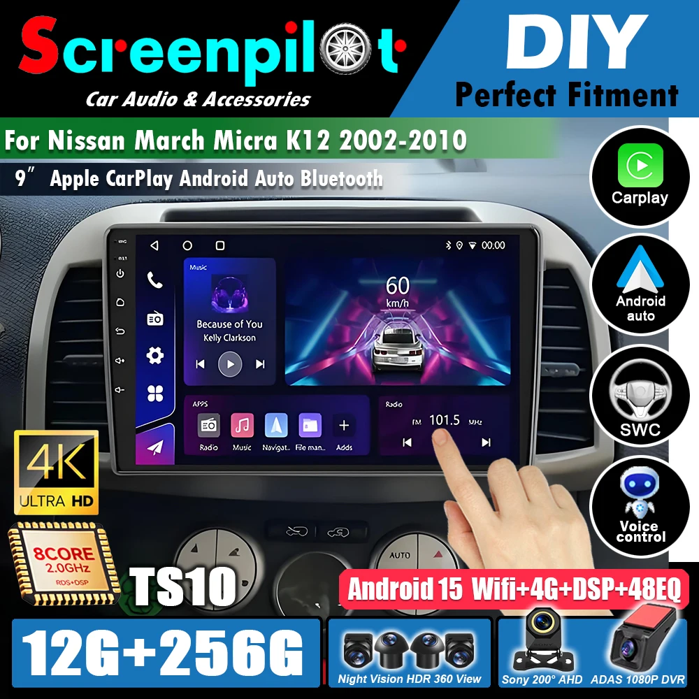 Radio para Auto con CarPlay para Nissan Micra March K12 2002 2003 2004 2005-2010, Reproductor Multimedia Android 16, Reproductor de Video, Unidad Principal Estéreo