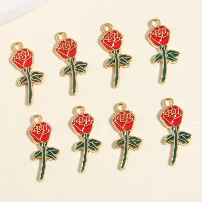 10pcs Gold Color 23x10mm Enamel Rose Flower Charms Valentine's Day Pendant Fit Necklaces Jewelry Making Handcrafted Accessories