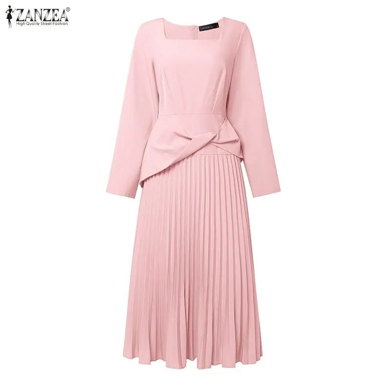 ZANZEA Frühling Elegantes Kleid mit Quadratischem Ausschnitt und Langen Ärmeln, Plissiertes Party-Sommerkleid, Bürodamen-Kleider 2026, Stilvolles Einfarbiges OL-Arbeitskleid in Midi-Länge