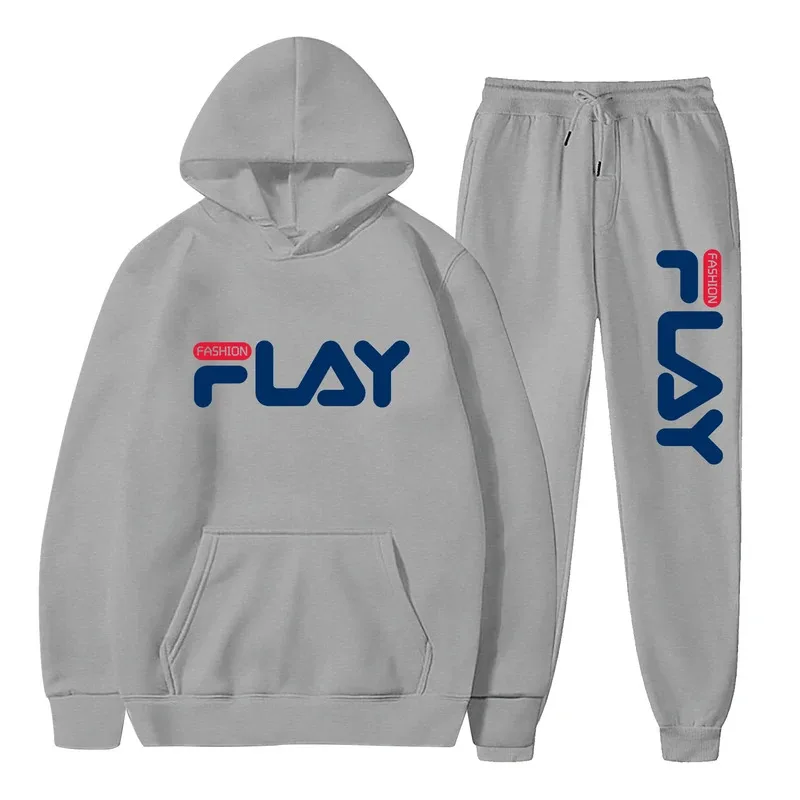 Conjunto de moletom com capuz e calças com estampa de letras para primavera e outono, novo conjunto de roupas esportivas casuais para homens e mulheres