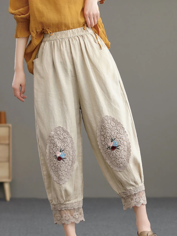 Autumn Cotton Linene Lantern Pants for Women 2024 Large Size Baggy Bloomers with Lace Embroider Women\'s Trousers Harem Pants