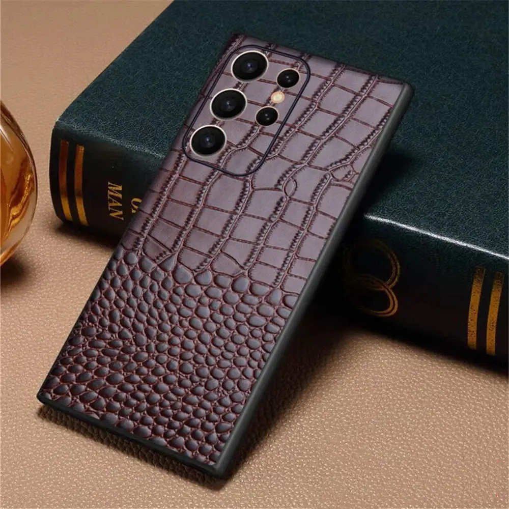 Genuine Leather Slim Case for Samsung Galaxy S26 Ultra S25 S24 S23 S22 Crocodile Business Back Cover