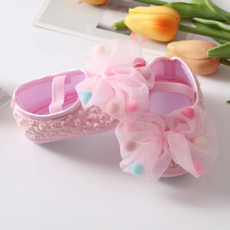 Infant Baby Girl Shoes Newborn Cute Bow Flowers Headband Anti-Slip Soft Sole First Walkers Toddler Cotton Baptism Shoes