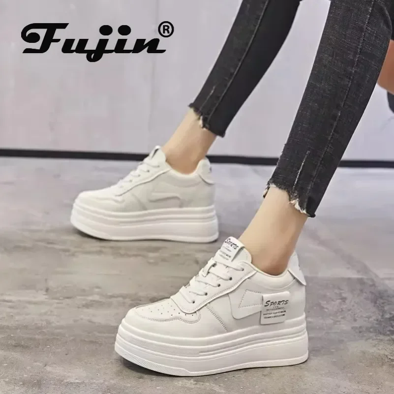 Fujin 8cm Cow Genuine Leather Vulcanized Platform Wedge Hidden Heels Lace Up Increase Casual Women Fashion Sneakers Ladies Shoes