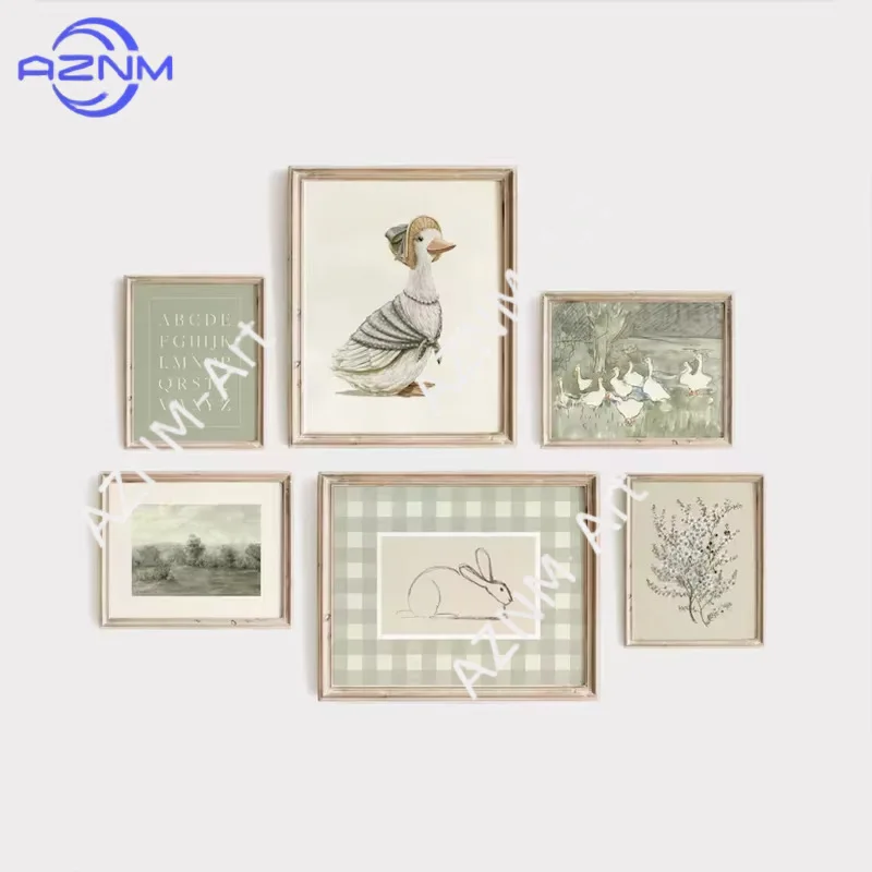 1PC/6PCS Green small fresh wind duck rabbit children's room baby bedroom living room canvas painting decoration frameless