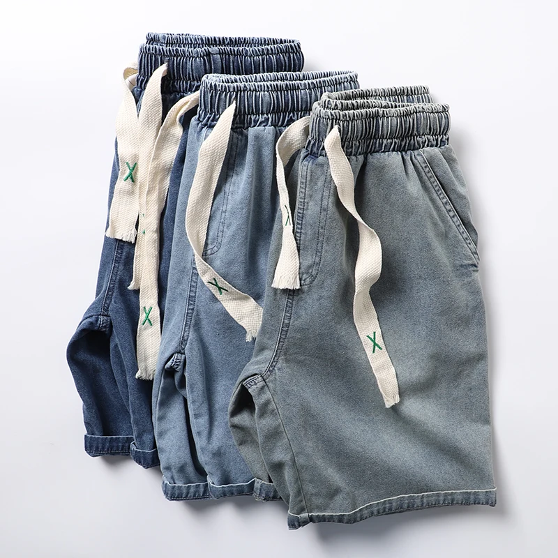 

Men's Retro Waed Knitted Denim orts Elastic Sports Casual Five-Point Pants mid Waist Zipper Trendy Summer Loose Straight Leg