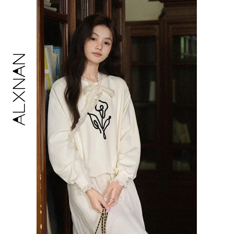 ALXNAN Women's Sweatshirts Apricot Round Neck Flower Pattern Lace Stitching Pullover Autumn Loose-fit Long Sleeve Tops L569106