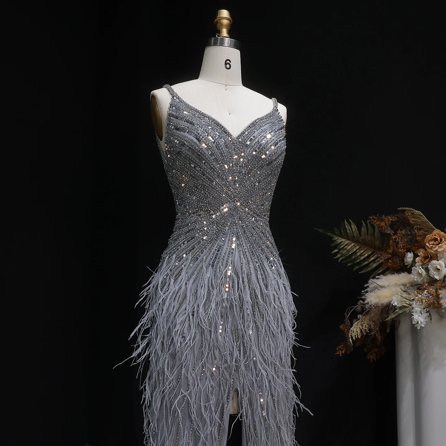 Sharon Said Dubai Luxuriöse Feder-Meerjungfrauenkleider in Silber für Hochzeiten, Blaues Arabisches Abendkleid, Partykleider SS004 Maßanfertigung – Detail 21