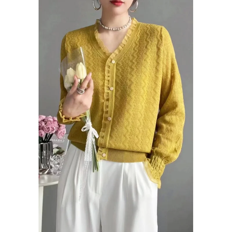 2024 Spring and Summer Popular Wave Striped Lace Trim Pure Color Artistic Thin Sweater Cardigan Coat for Women Wholesale