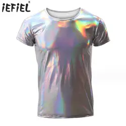 Mens Metallic Shinny Rave Party Top Short Sleeve T-shirt Tops Round Neck Streetwear Music Festival Disco Pole Dance Clubwear