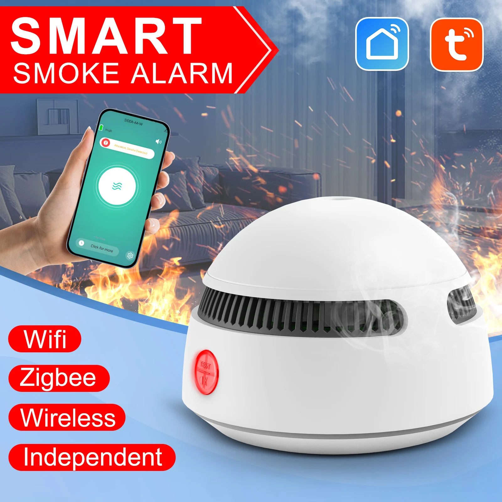 Graffiti Wifi Smoke Alarm Fire Photoelectric Type Sensing 10 Years Lithium Battery Long Standby Smoke Detector
