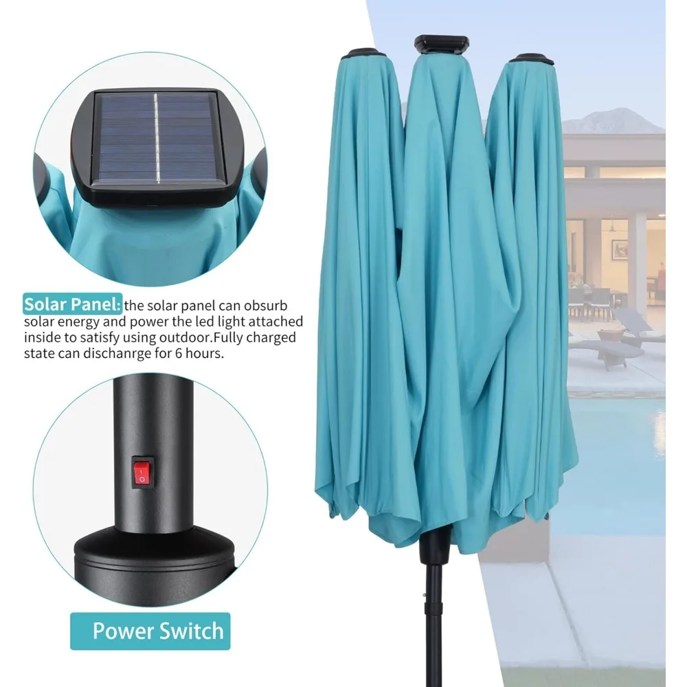 13 FT Rectangular Patio Umbrella with 36 Solar Powered LED Lights Ultimate Sun Protection & Easy Crank for Deck, Garden, Pool