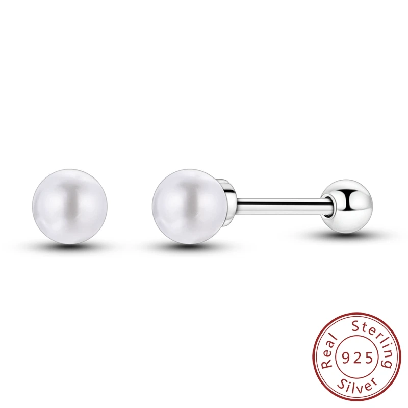 

Romantic 100% 925 Sterling Silver Round Pearl Screw Earrings For Women's Engagement Wedding Small Earrings Jewelry Matching