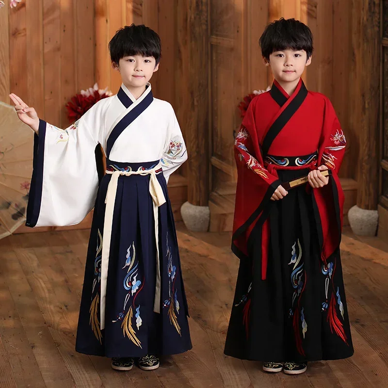 

2Colors Chinese Children Team Dance Costumes for Boys Traditional Kids Autumn Hanfu Tang Suit Stage Performance Kimono Skirts