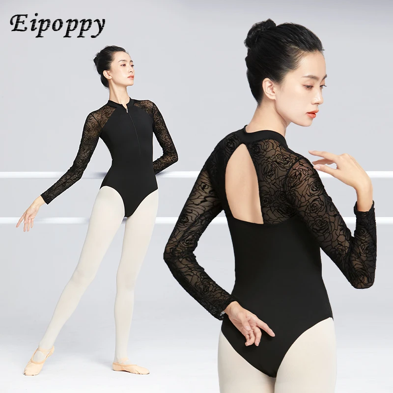 ثياب الباليه للنساء ، زي رقص بسحّابات ، ملابس راقصة باليه سوداء للبالغين ، دانتيل بأكمام طويلة ، ياقة قائمة