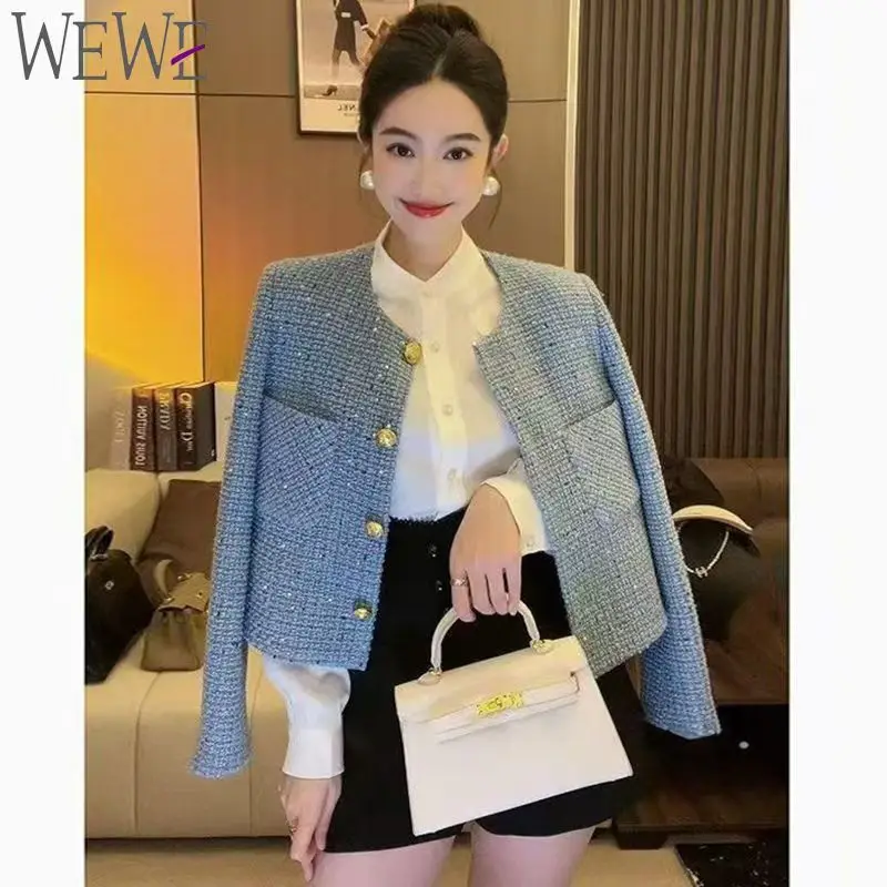 

Корейский однобортный дизайн, верхняя одежда, новая элегантная твидовая куртка, женские модные укороченные пальто с длинными рукавами, осень-зима, женские