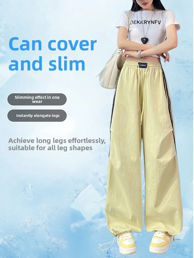 Korean Style Ice Silk Thin Quick Dry Workwear Long Pants Women Summer Lazy Spicy Girl Cuffed Wide Leg Sport Pants
