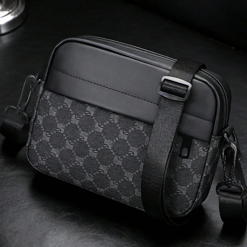 Men Vintage Printed Crossbody Bag PU Leather Splicing Small Shoulder Messenger Bag Adjustable Strap Casual Daily Mini Camera Bag