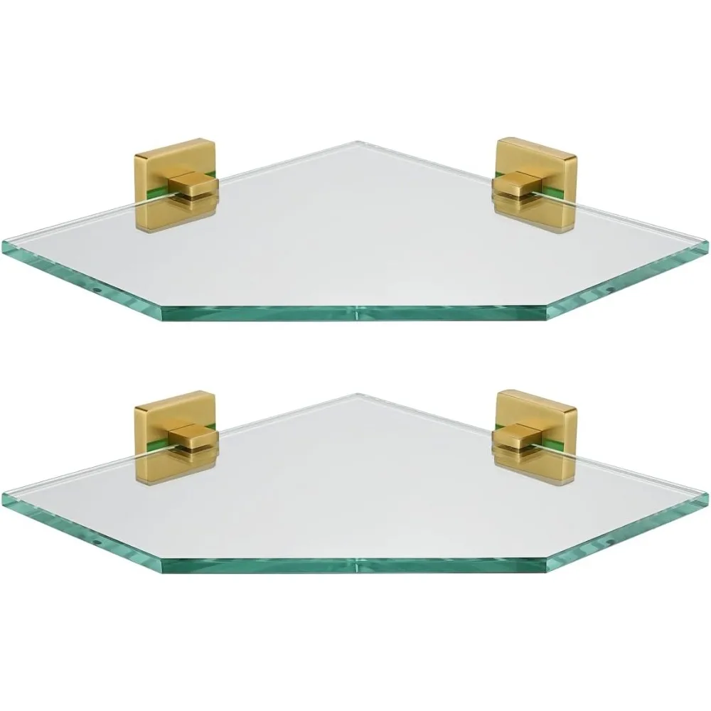 

Corner Glass Shelf, Brushed Gold Bathroom 304 Stainless Steel Shower Triangle Floating Wall Shelf, 10 x 10 Tempered Glass, 2 Pa