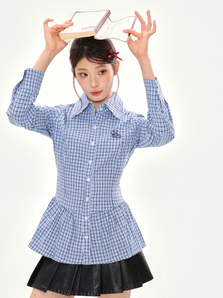 ADAgirl Harajuku Checkered Shirt Women Blue Plaid Long Sleeve Frilled Blouse Preppy Style Cutecore Embroidery Uniform Clothes