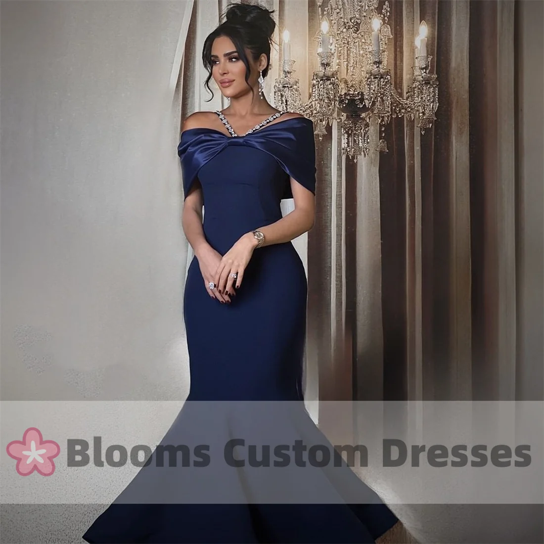 

Blooms Off Shoulder Crystal Straps Noble Evening Dresses Mermaid Navy Blue Formal Occasion Party Dress For Prom Floor Length