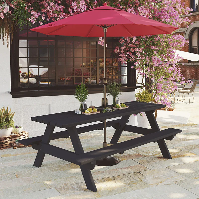 Anti-corrosion outdoor solid wood one-piece dining table and chairs with umbrella combination outdoor integrated courtyard